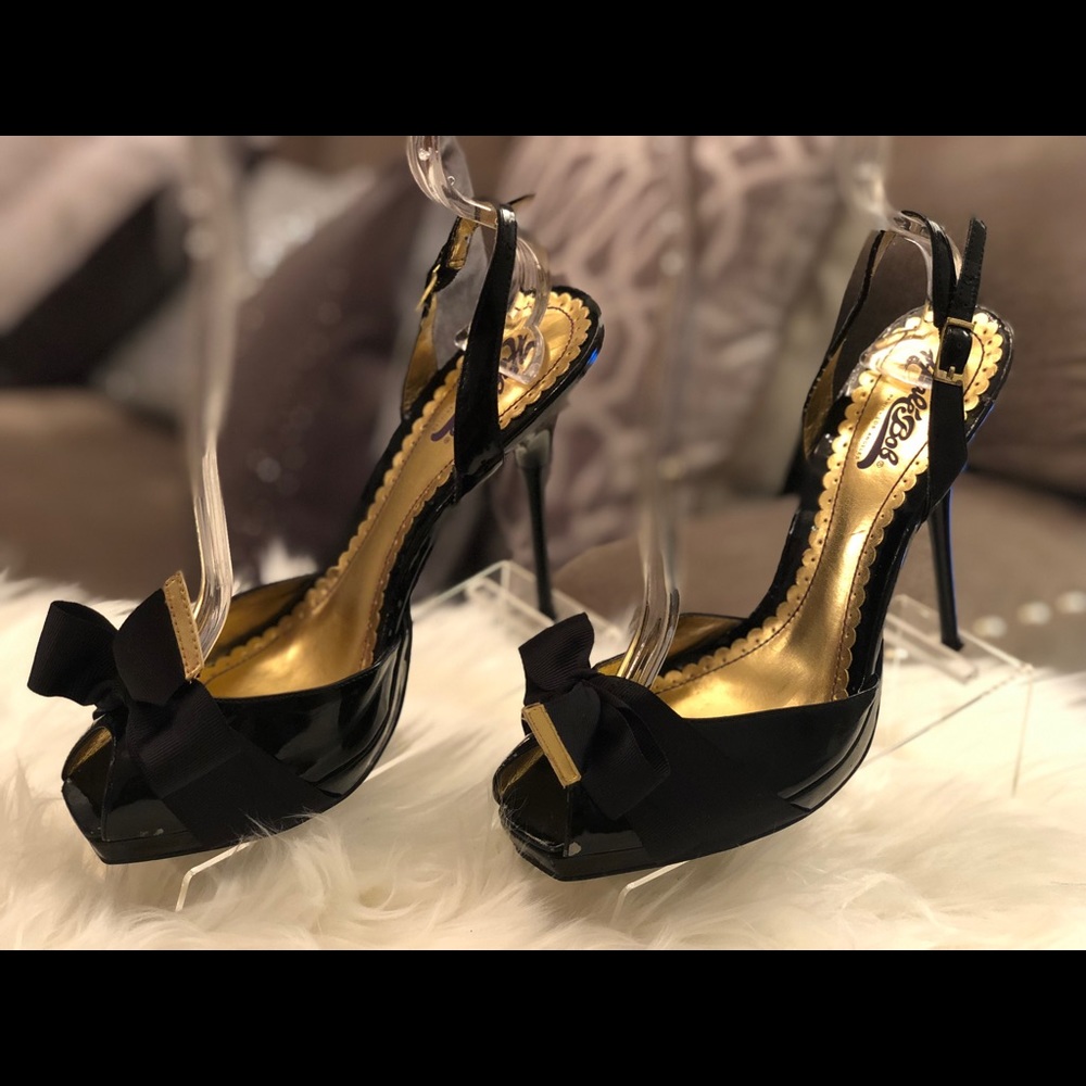 HALÉ BOB PU Upper Black & Gold Peep Toe Heels